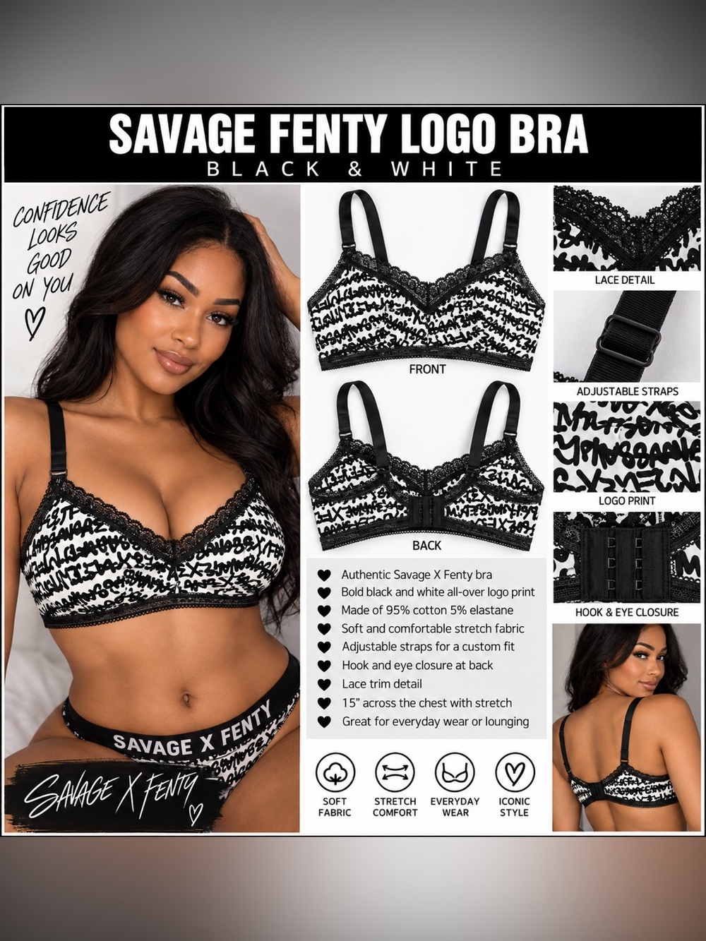 SAVAGE X FENTY LOGO BRA - BLACK & WHITE SIZE 1X (NEW WITH TAGS) A4